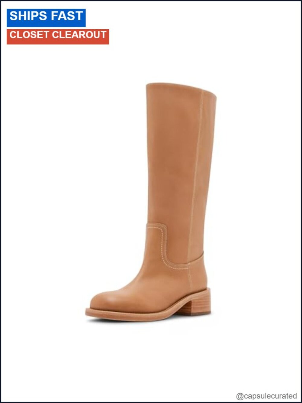 Knee High Leather Boots Round Toe Block Heel Slip-On